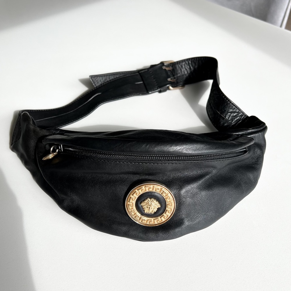 Versace Black Leather Crossbody Belt Bag with Gold Medusa Emblem